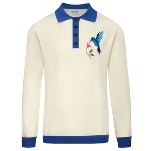 Oxknit Cream and Blue Men's Polo Sweater with Hummingbird Embroidery